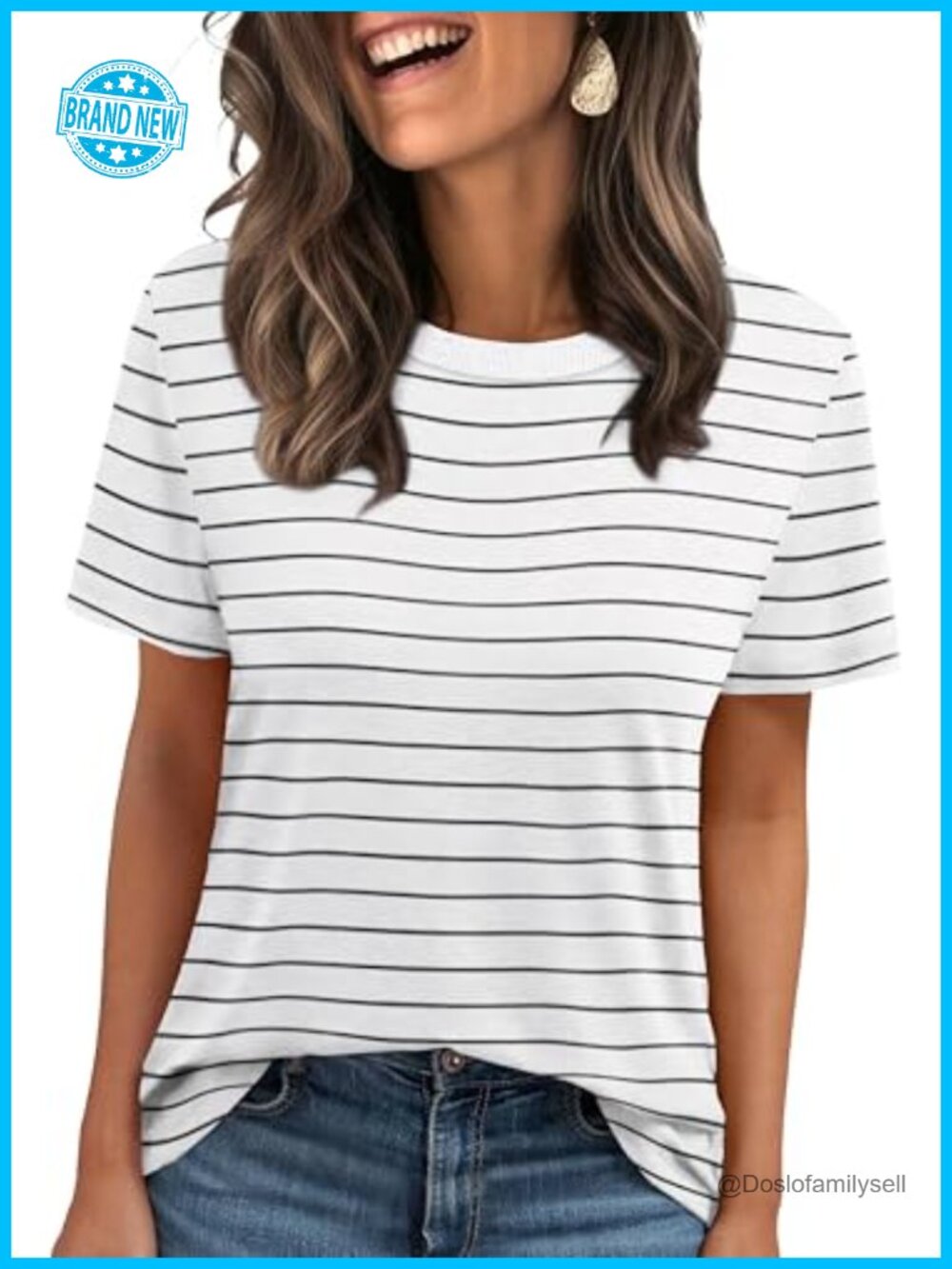 Jescakoo Women's Ribbed Trim Crewneck Short Sleeve T-Shirt Casual Summer Top